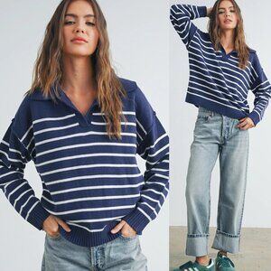 Brianne V-Neck Striped Navy/Ivory Sweater